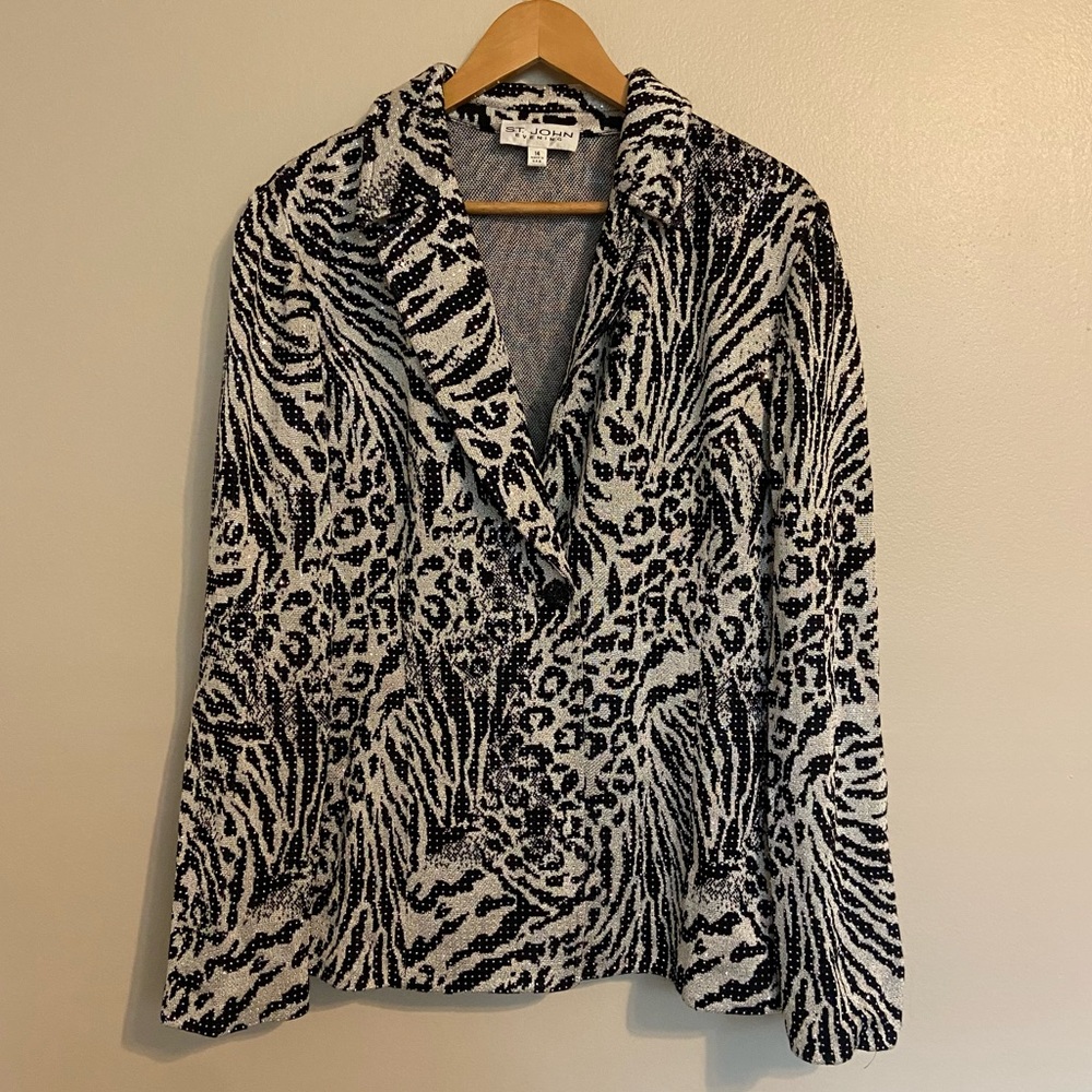 St John Evening Rhinestone Animal Print Gray and Black Wool Blend Blazer